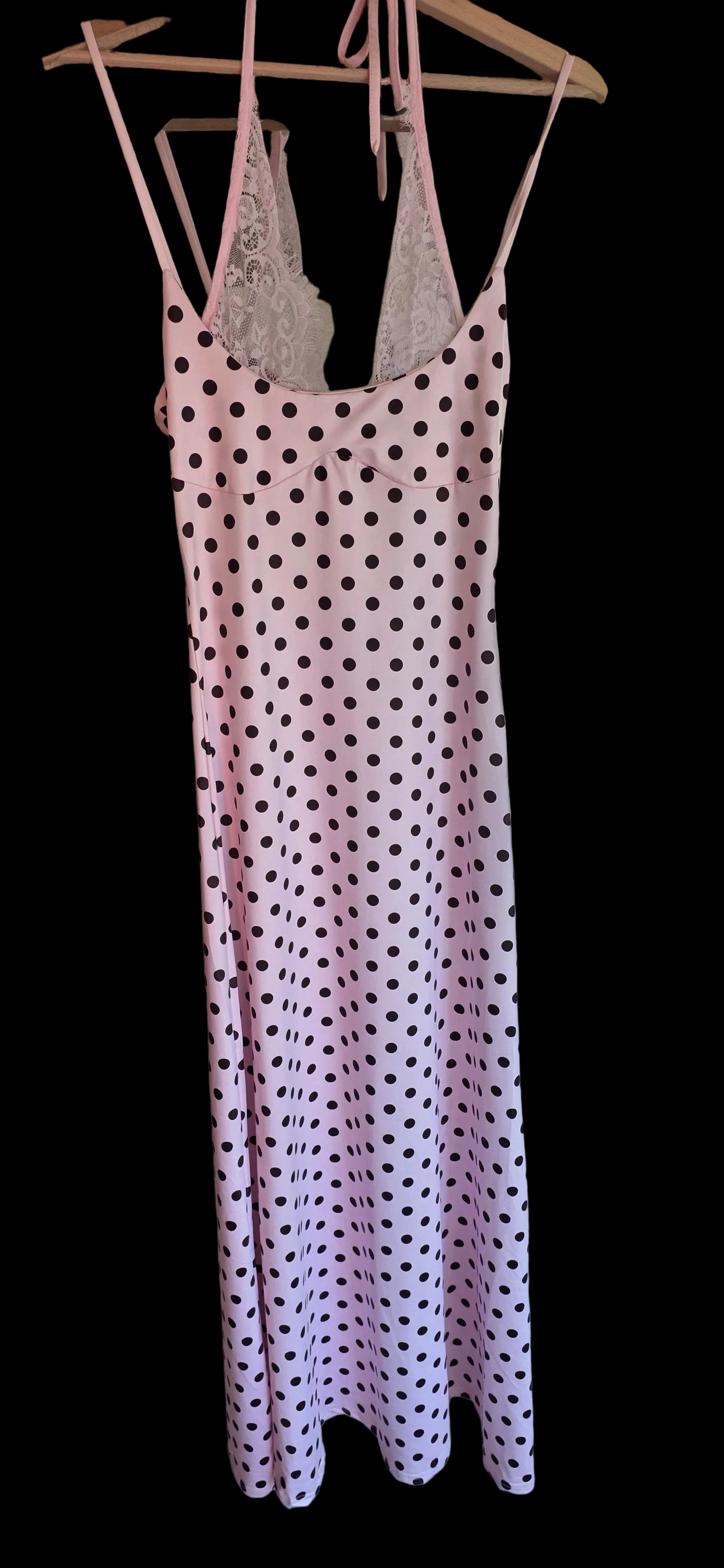 Polka Dot Halter Neck Midi Dress with Lace Detail