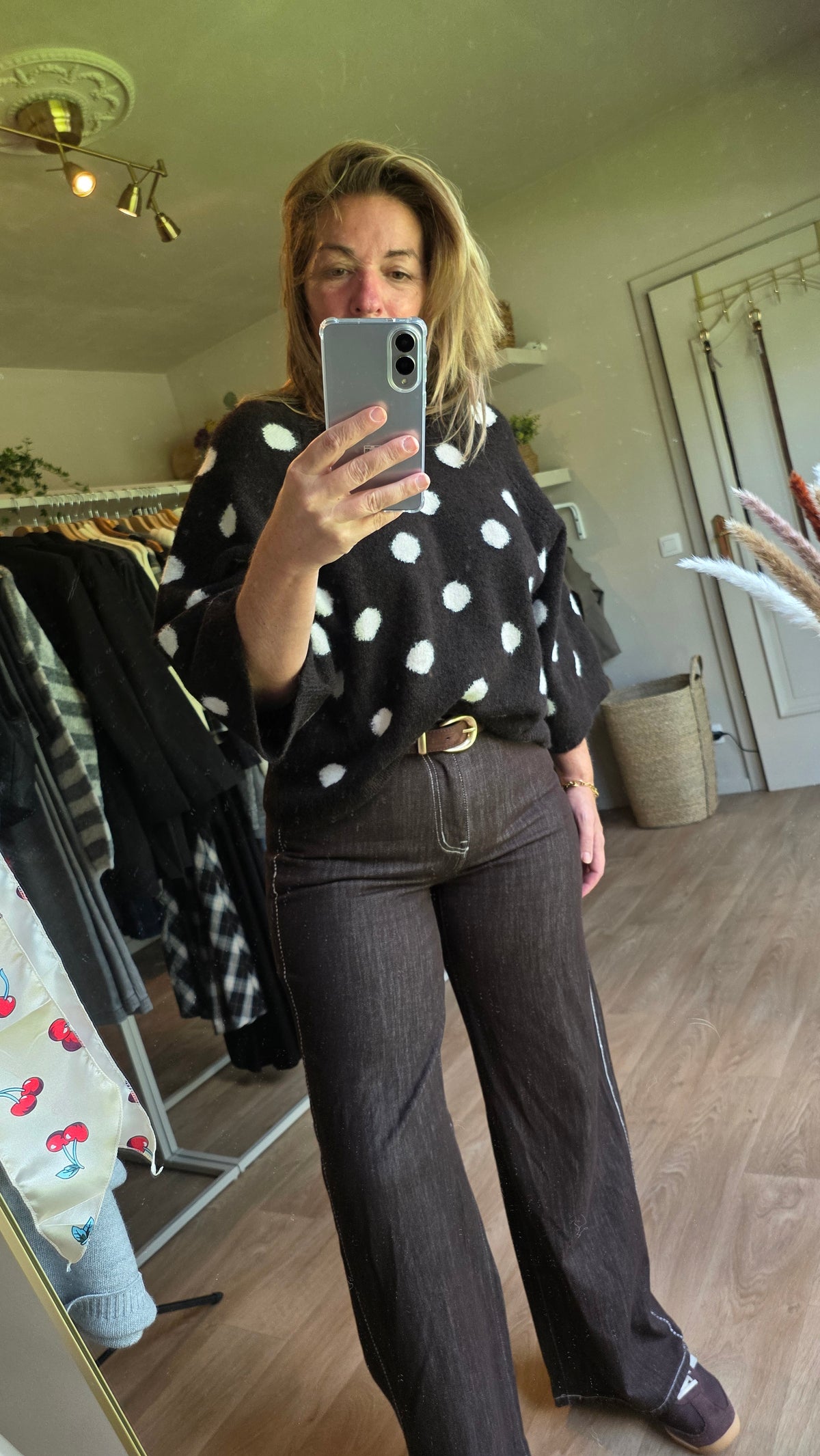 Dotty Knit Top – Dark Brown & Ecru