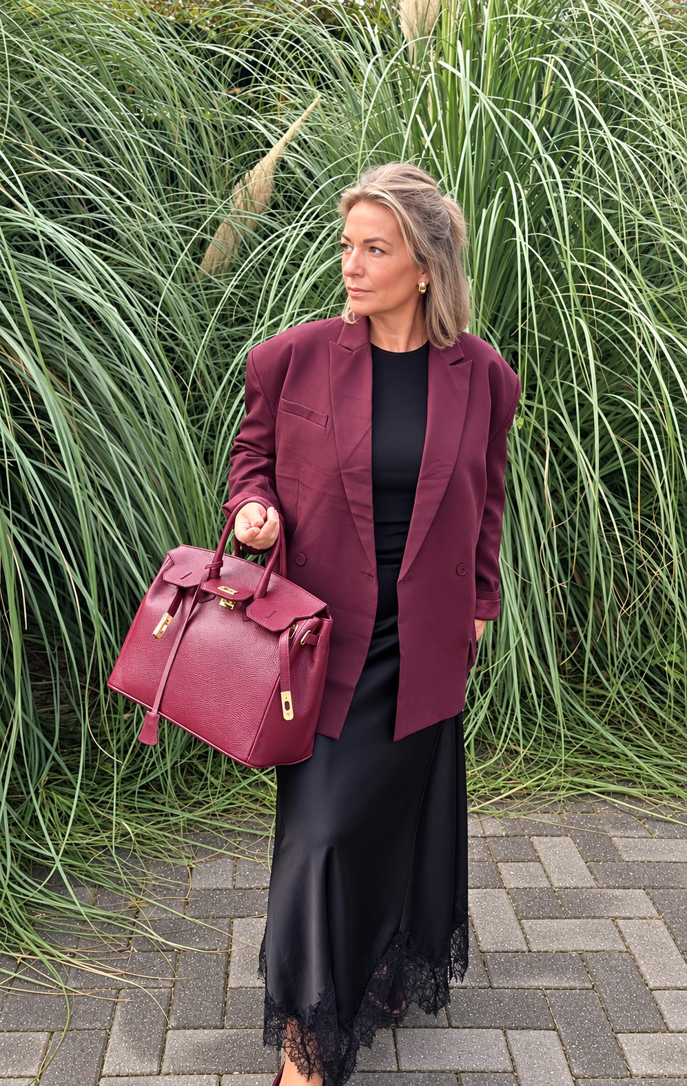 Oversized Double-Breasted Blazer – Burgundy