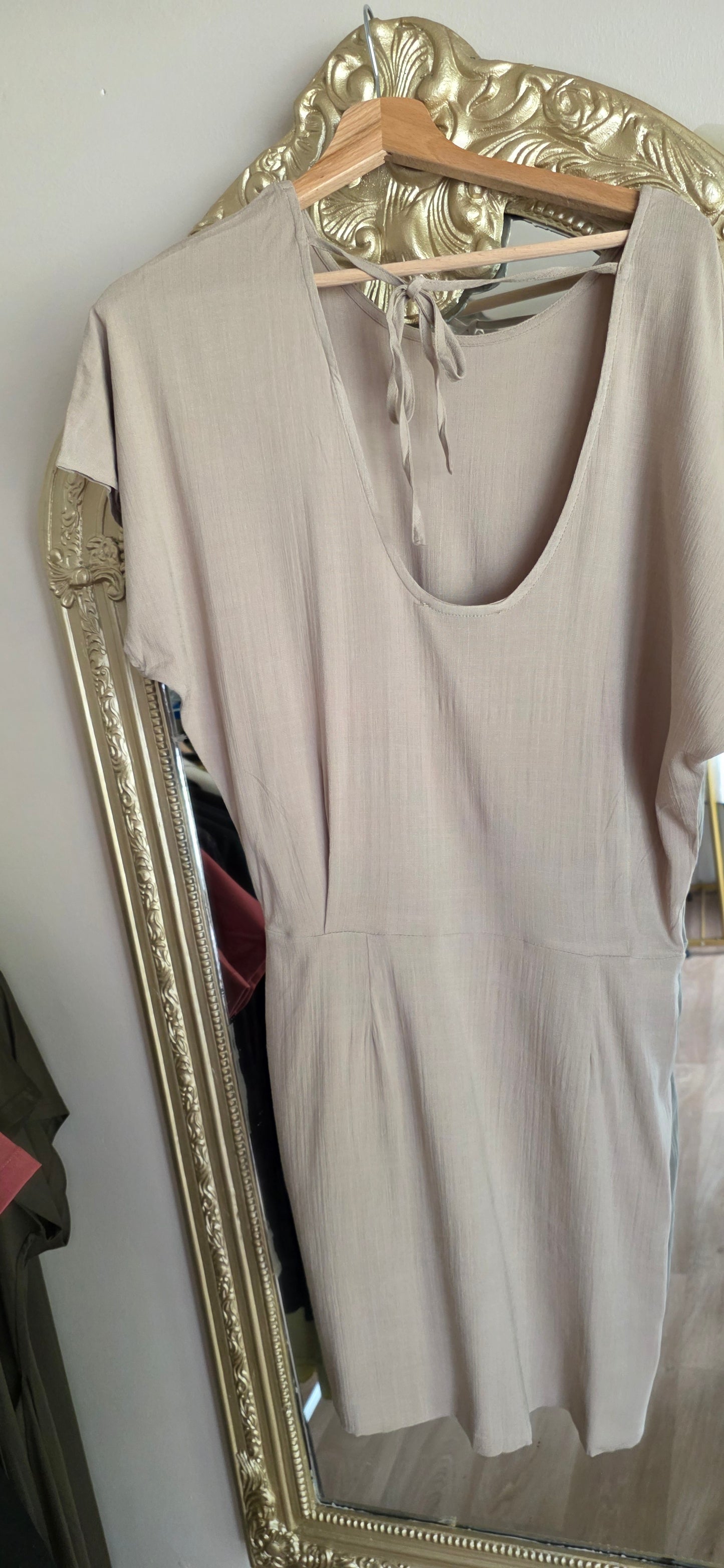 Soft Beige Short Sleeve Tie Back Dress