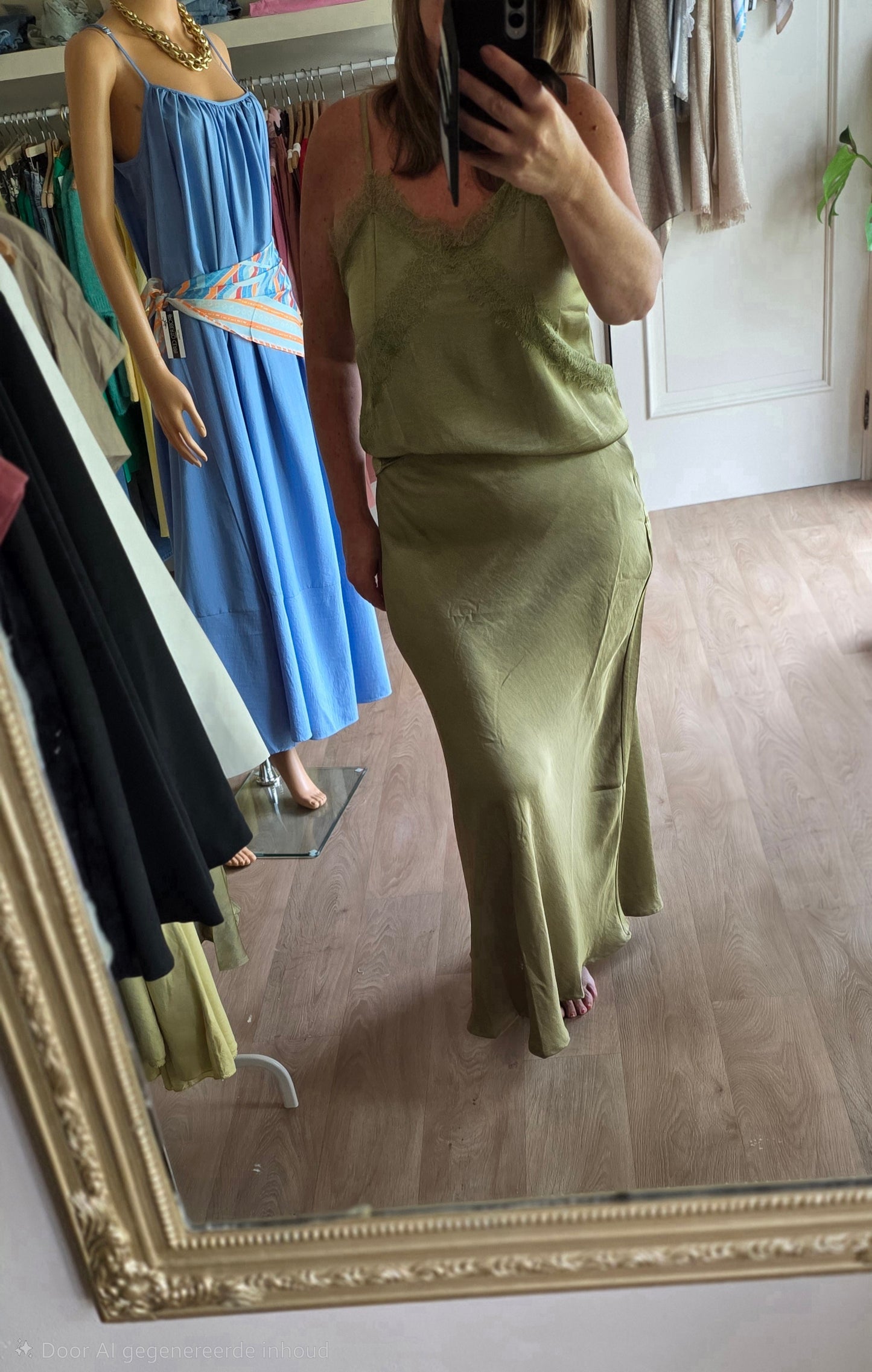 Satin Look long Skirt – Olive Green