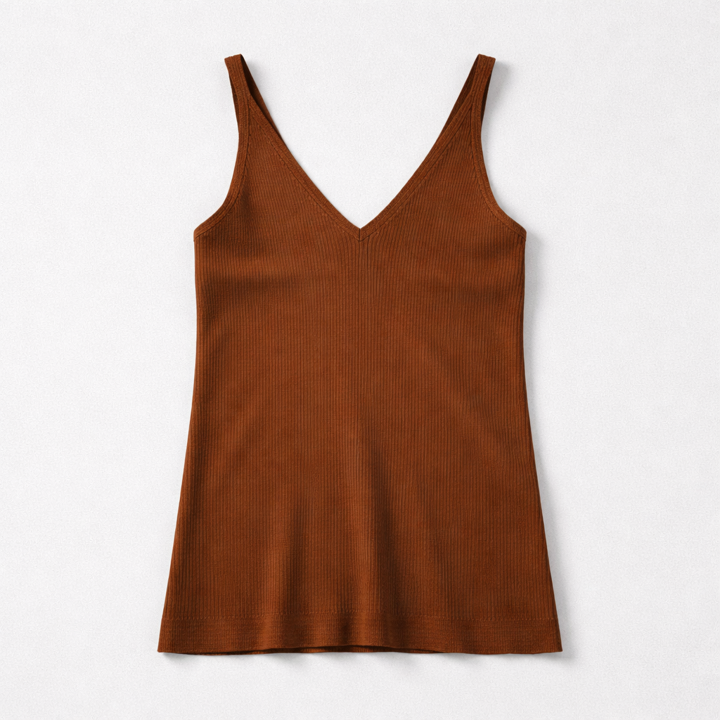 Ribbed V-Neck Knit Tank Top – Brown