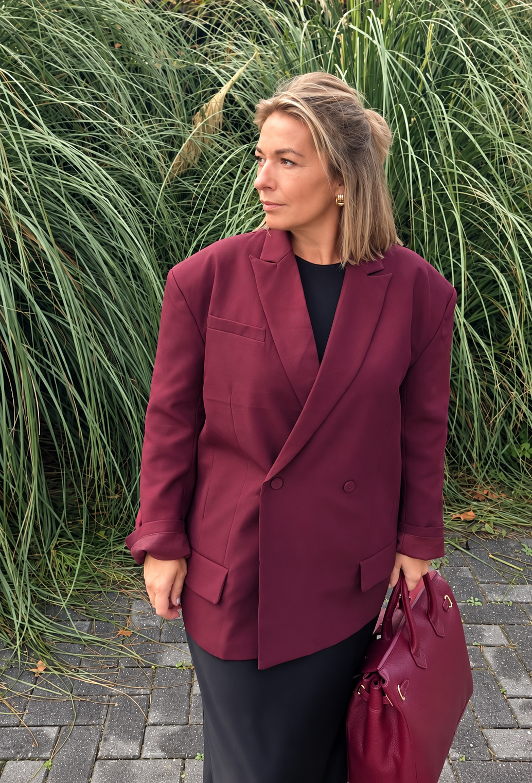 Oversized Double-Breasted Blazer – Burgundy