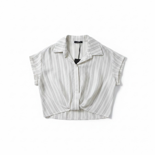 Striped Short Sleeve Twist Blouse – Light grey