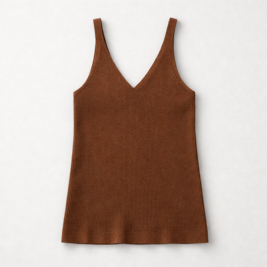 Ribbed V-Neck Knit Tank Top – Brown