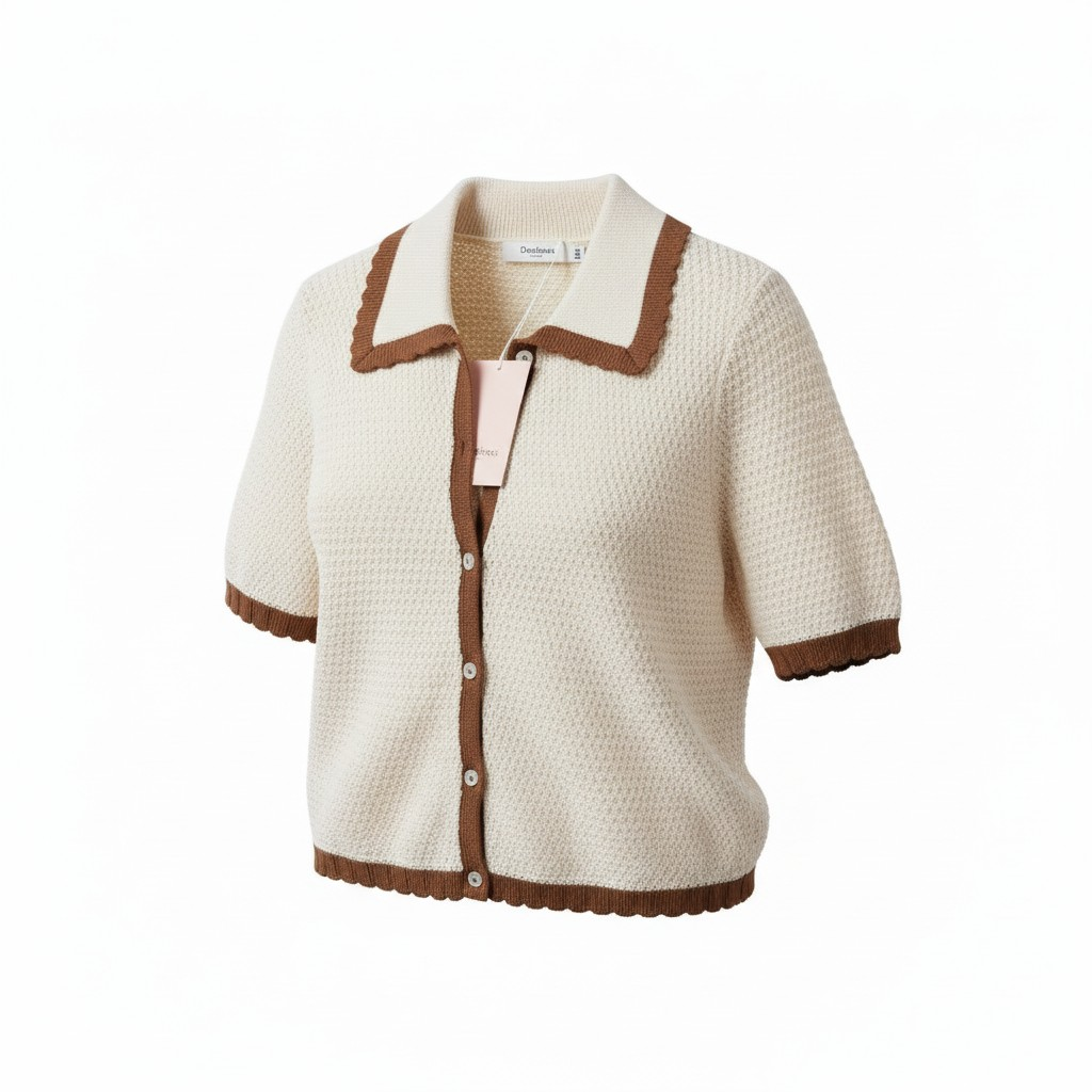 Crochet Style Knit Cardigan with brown Trim