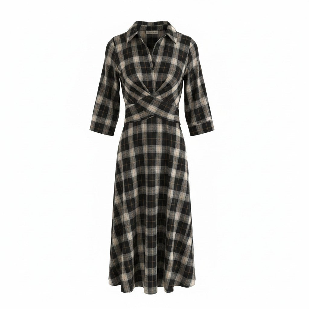 Check Midi Dress – Black & Beige
