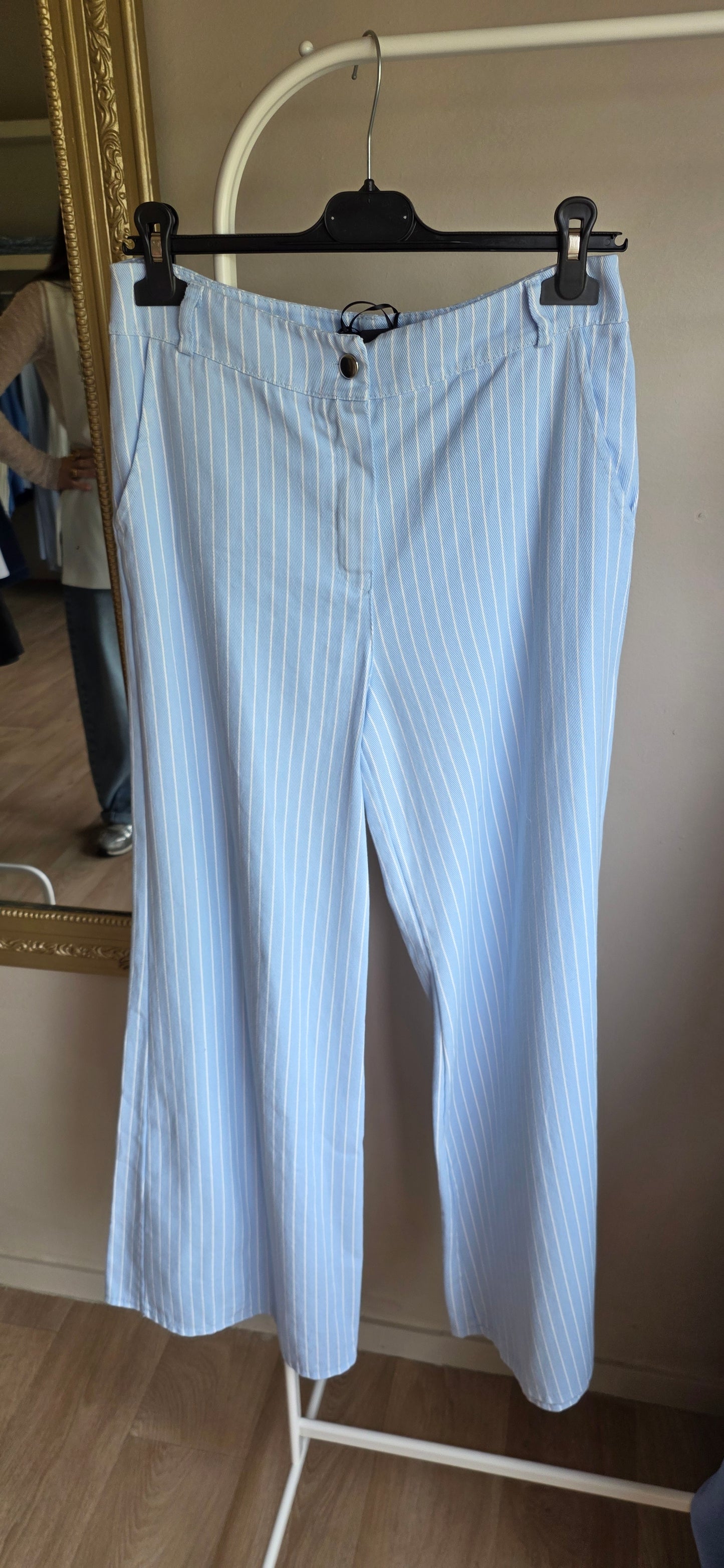 Pinstripe Wide Leg Trousers – Light Blue