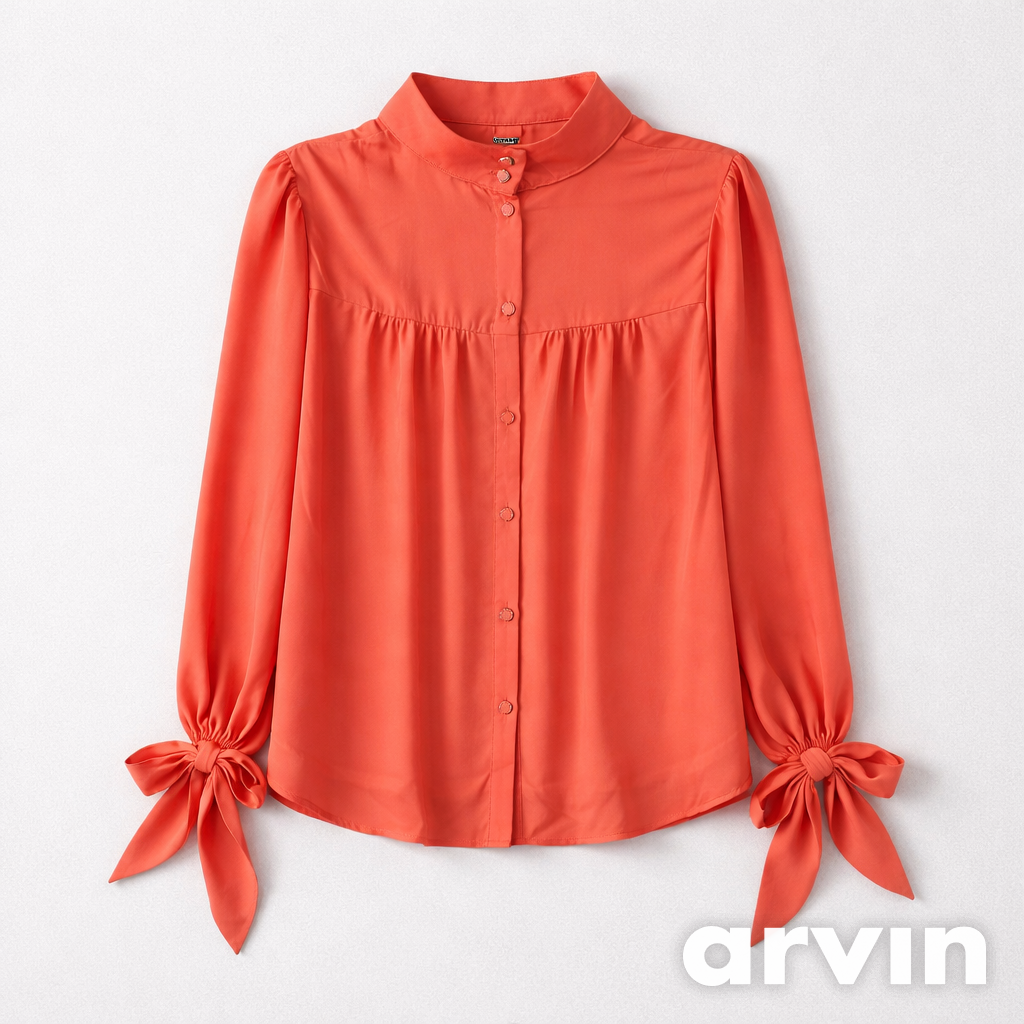 Orange-Red Reversible Blouse with Bow Sleeve Details