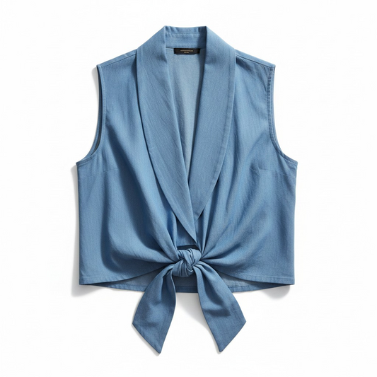Mouwloze Wrap Top met Strikdetail – Denimblauw
