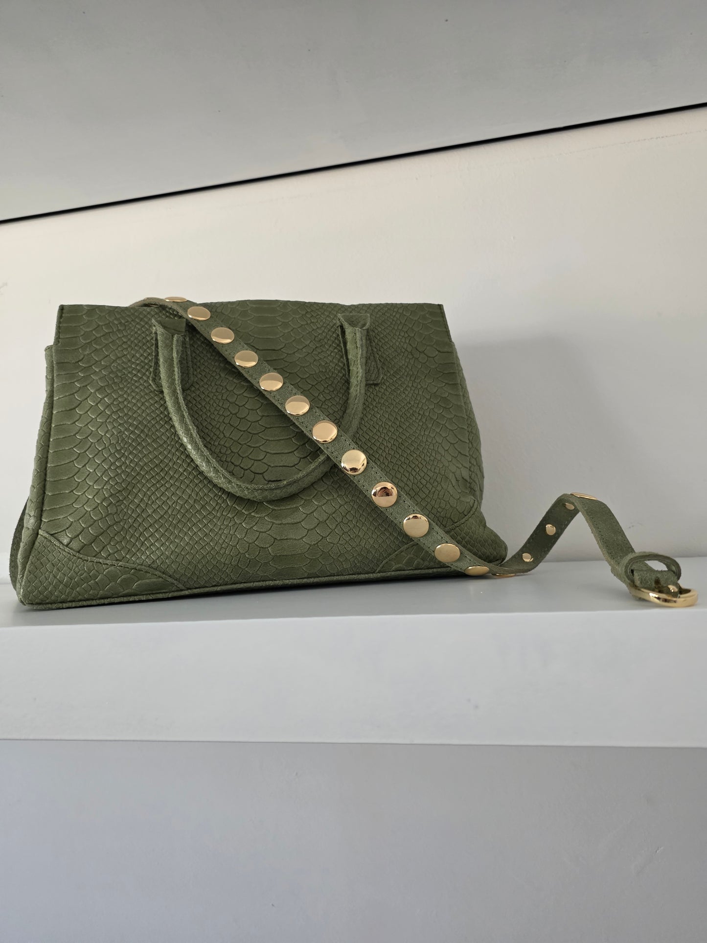 Italian Genuine Leather Croco Tote – Olive Green