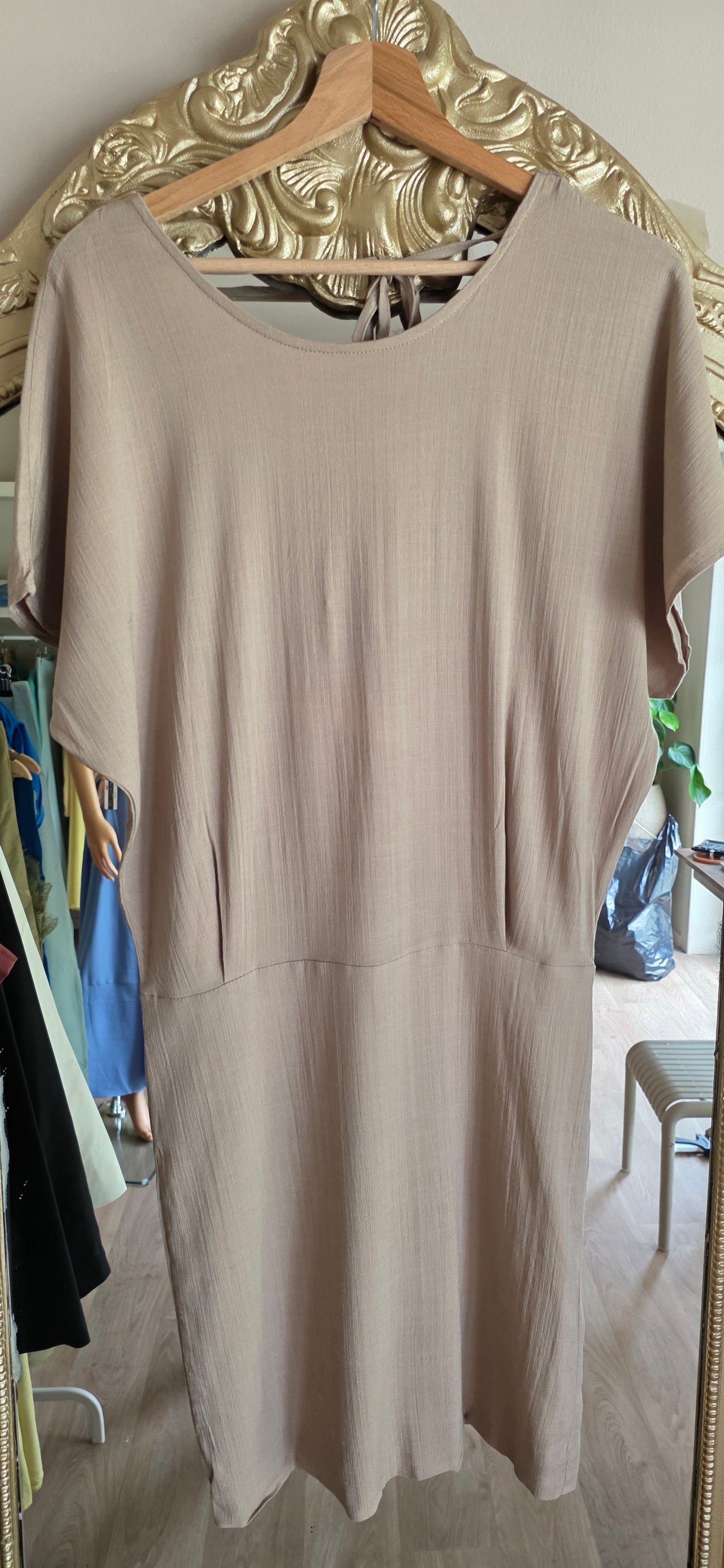 Soft Beige Short Sleeve Tie Back Dress