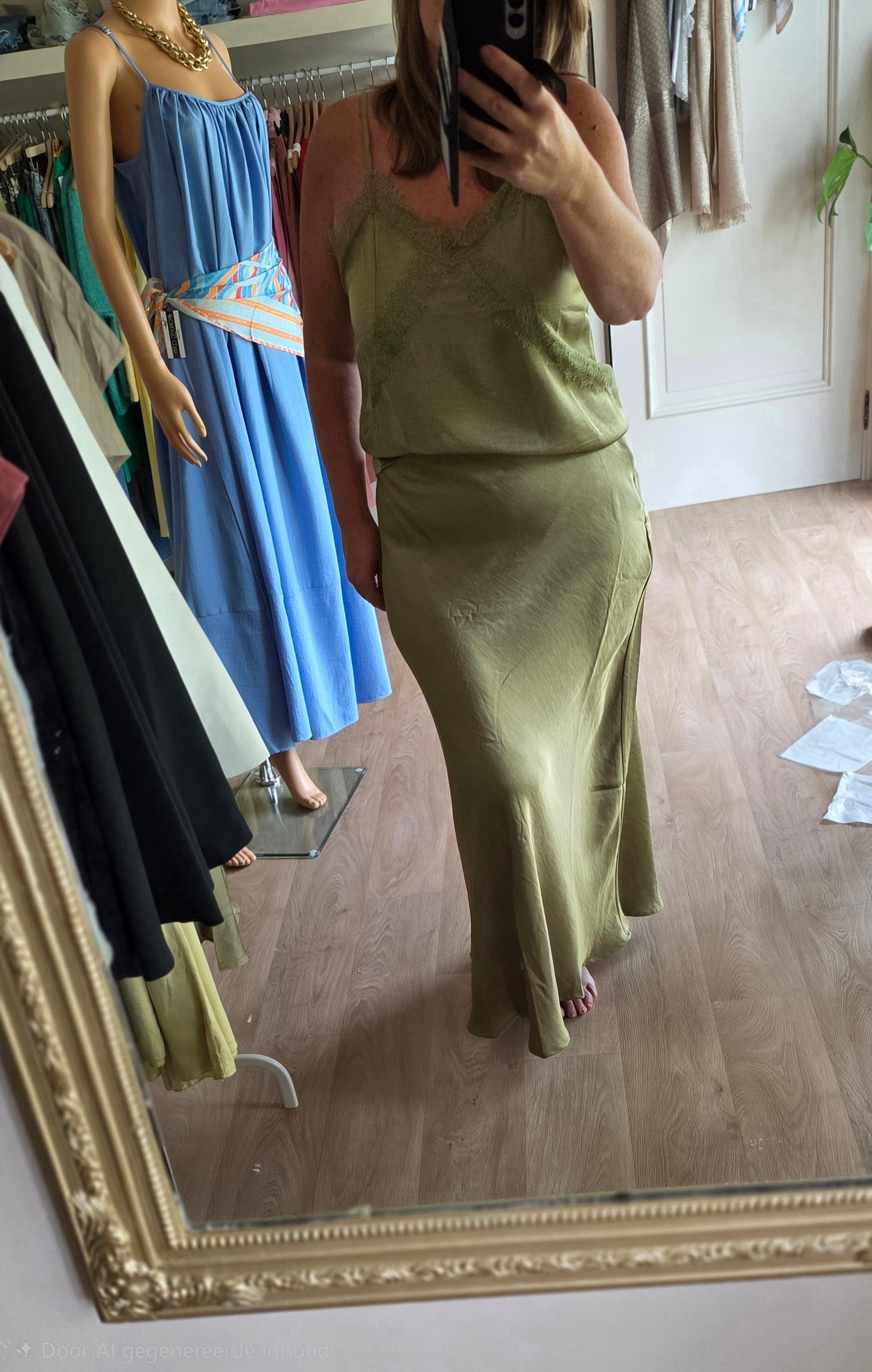 Satin Lace Cami Top – Olive Green