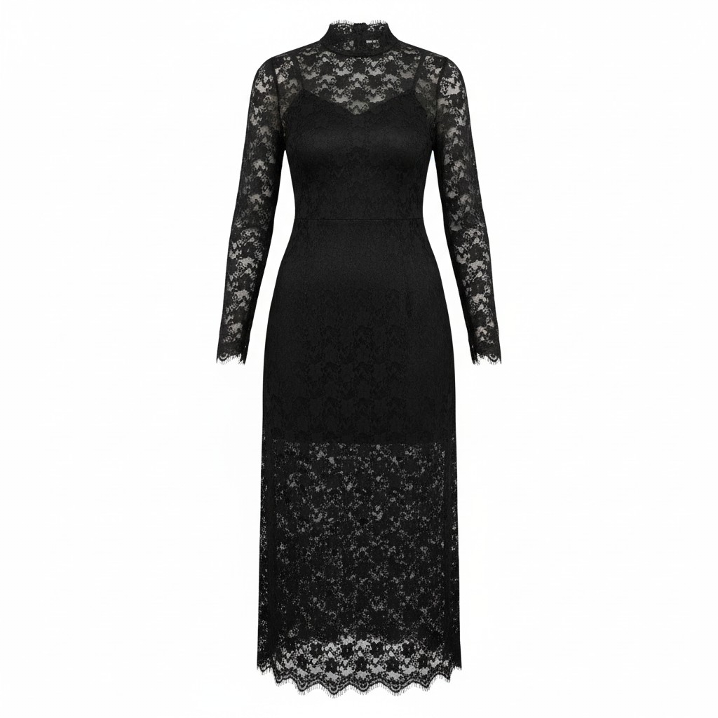 Elegant Black Lace Midi Dress with High Neck