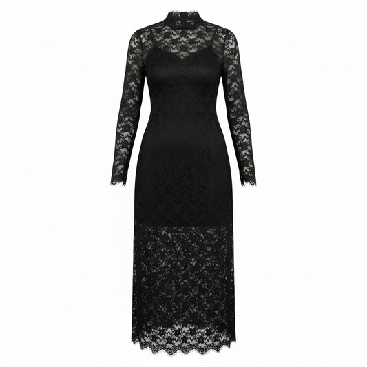 Elegant Black Lace Midi Dress with High Neck
