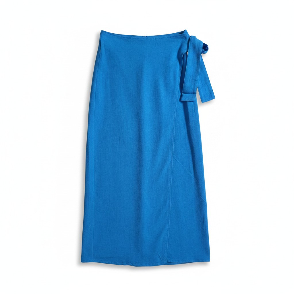 Wrap Style Midi Skirt with Tie Detail – Blue