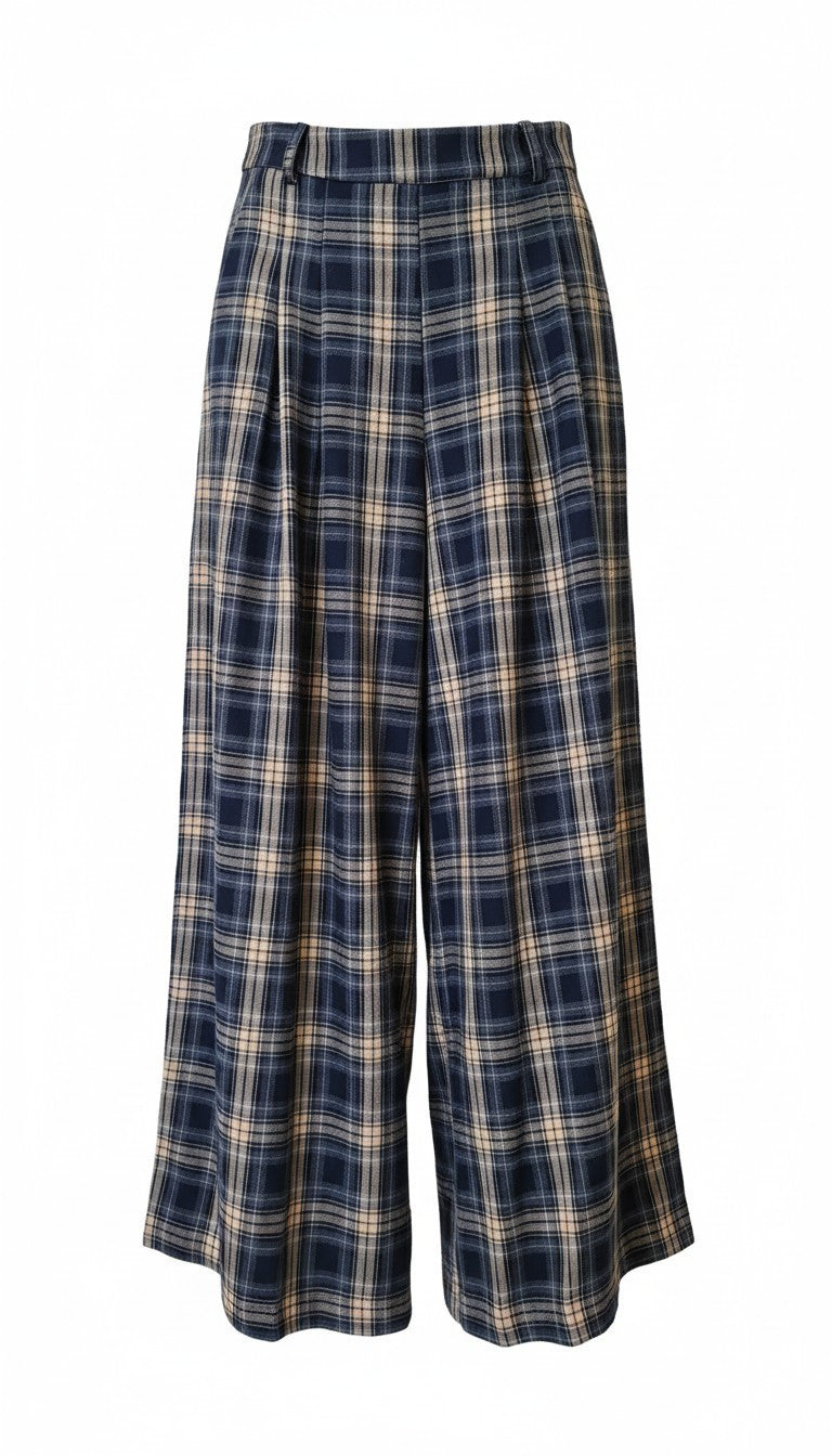 The Check Wide Leg Pants – Navy