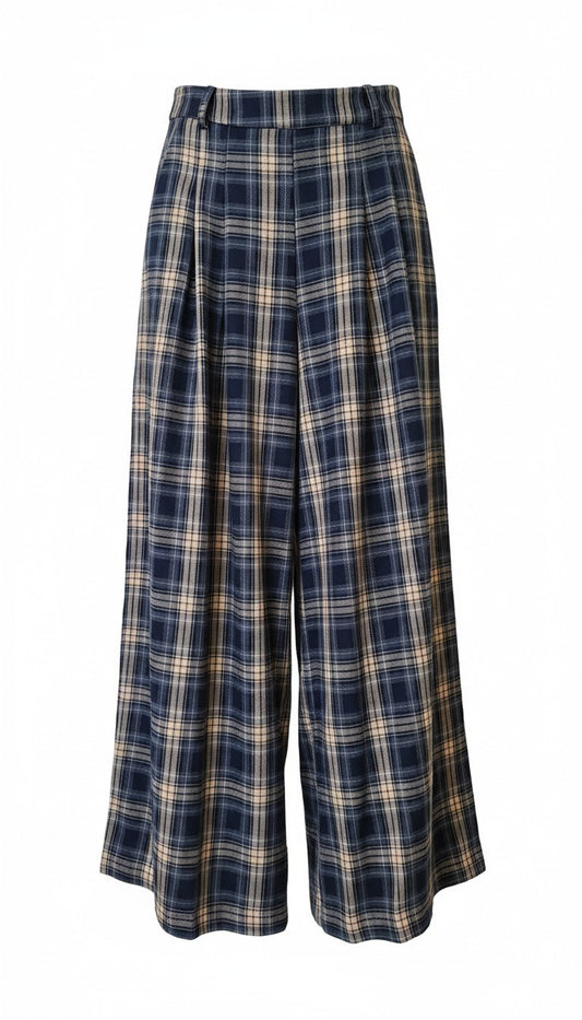 The Check Wide Leg Pants – Navy