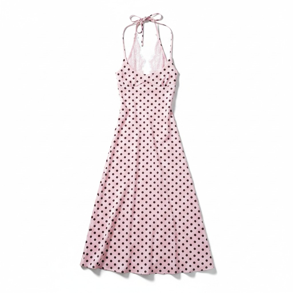 Polka Dot Halter Neck Midi Dress with Lace Detail