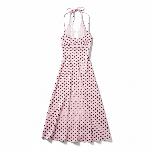 Polka Dot Halter Neck Midi Dress with Lace Detail