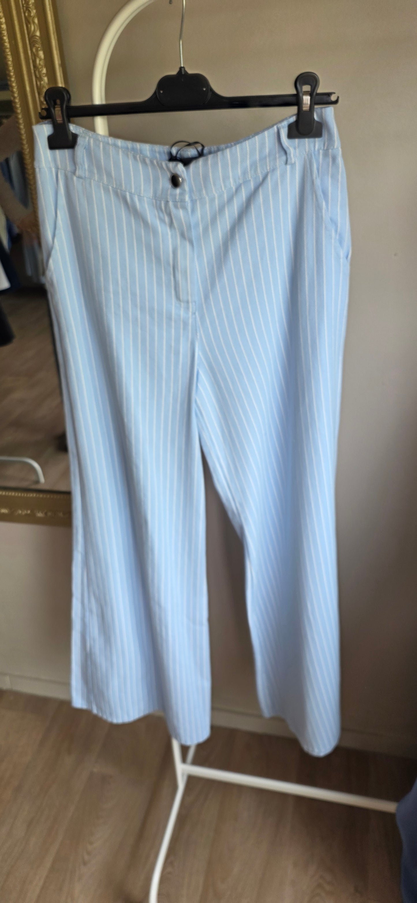 Pinstripe Wide Leg Trousers – Light Blue