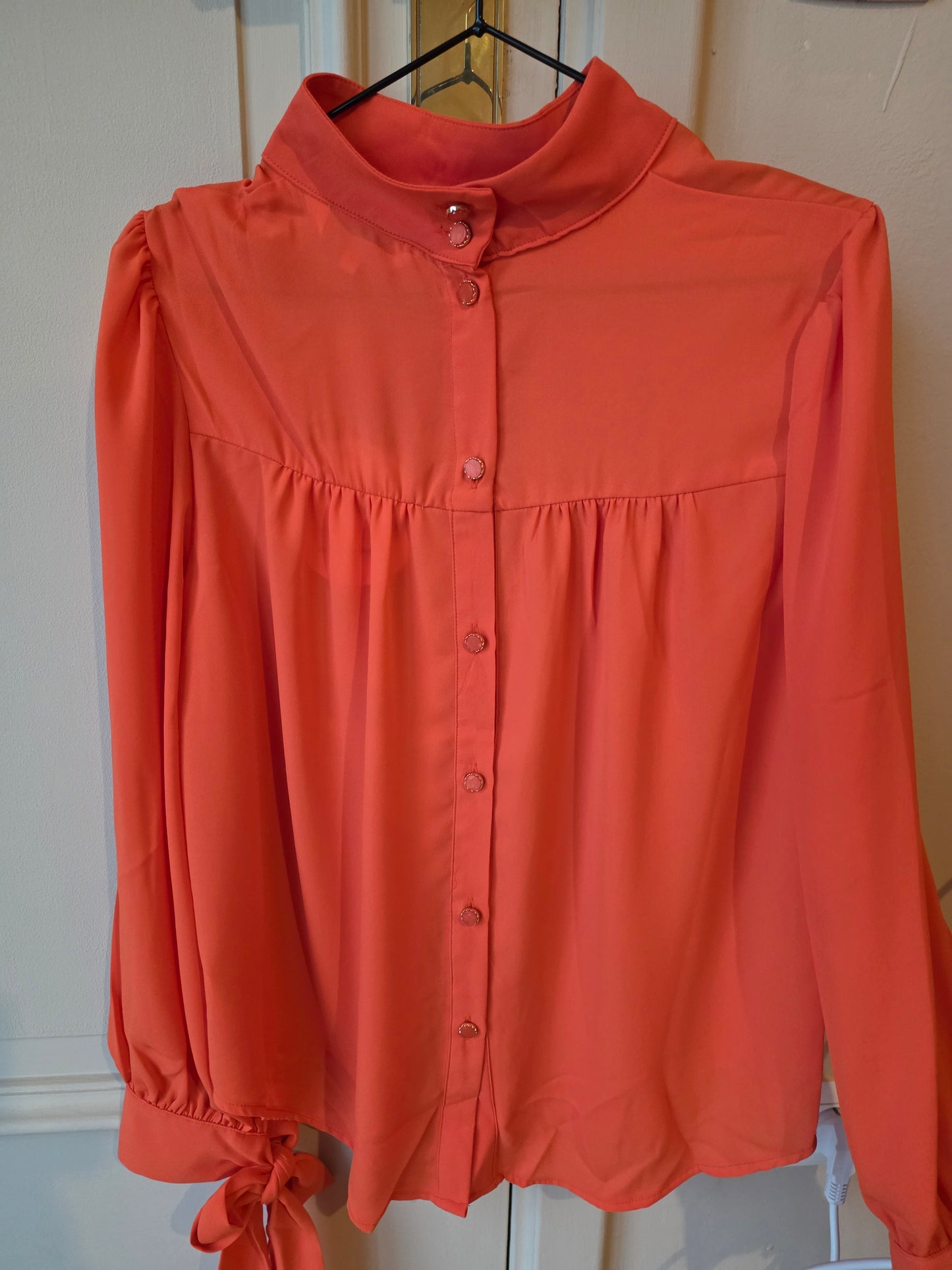 Orange-Red Reversible Blouse with Bow Sleeve Details