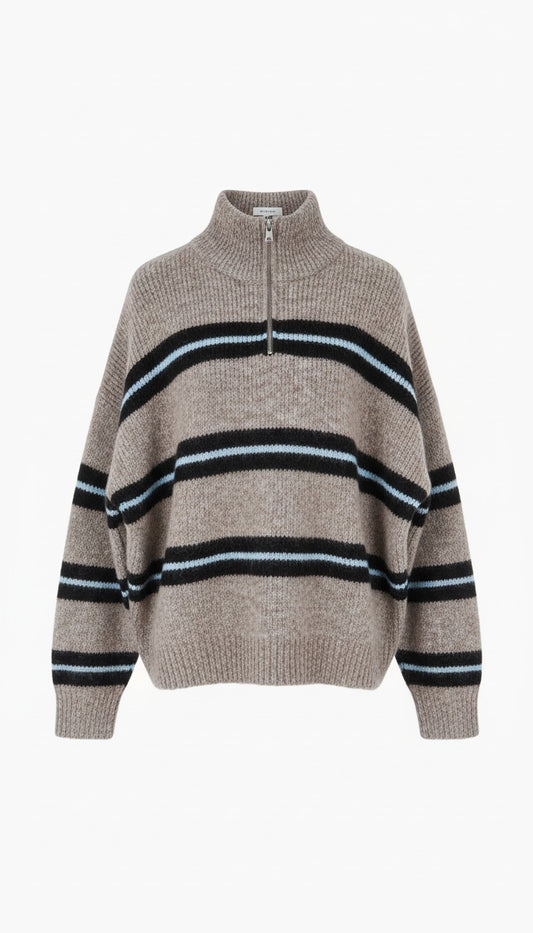 Striped Half-Zip Knit – Taupe