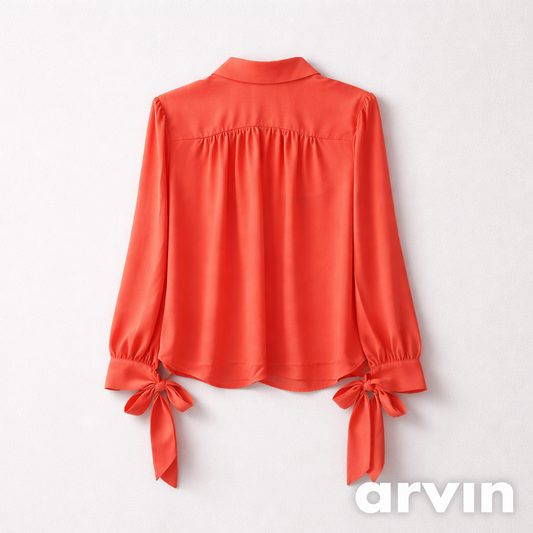 Orange-Red Reversible Blouse with Bow Sleeve Details